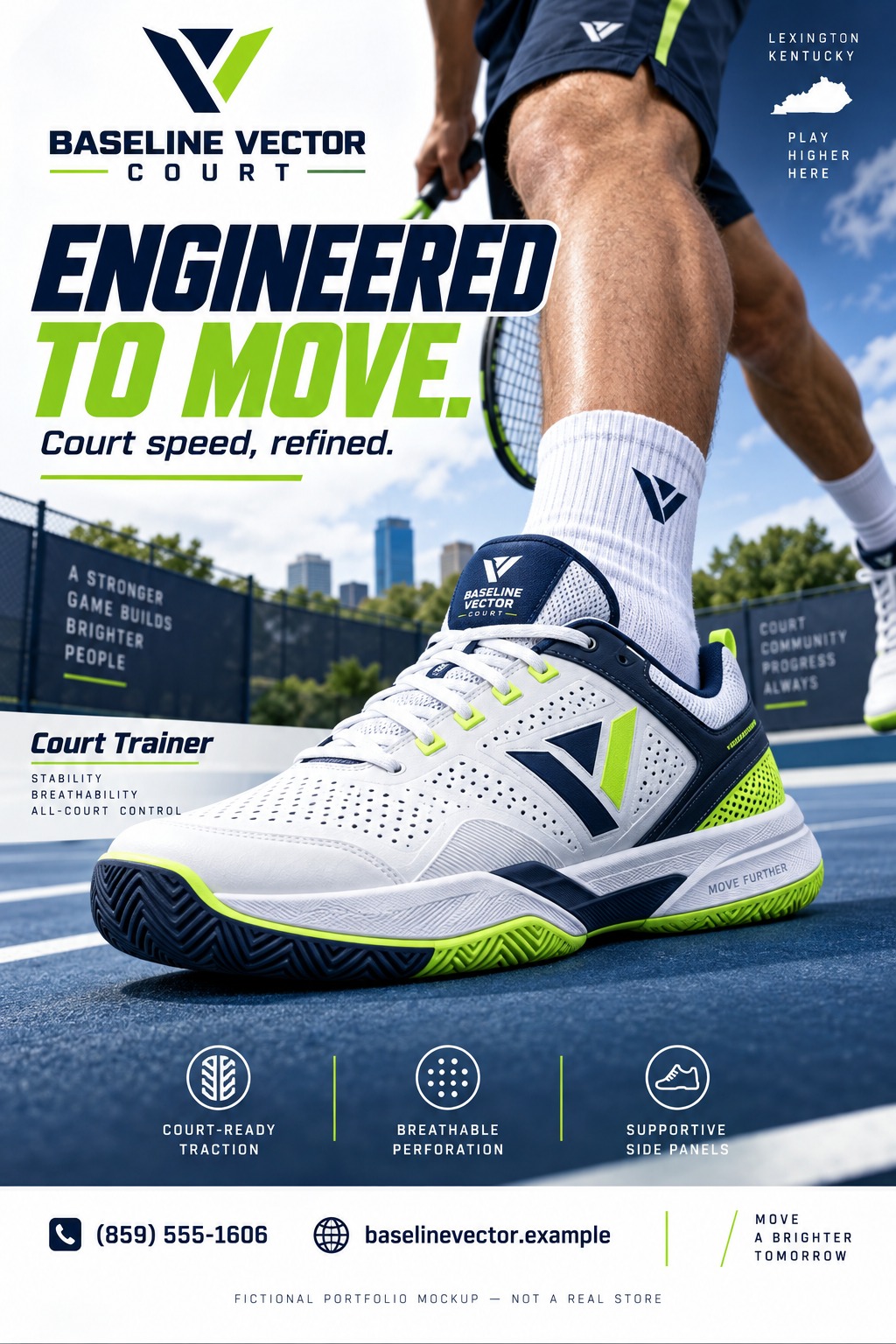 A flyer promoting a new athletic shoe. The main image shows a close-up of a white, navy, and neon green tennis shoe on a blue court, with a person's legs in the background. Text reads 'Engineered to Move. Court speed, refined.' and highlights.