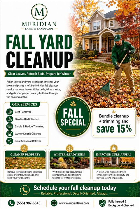A professional landscaping flyer featuring a man raking autumn leaves in front of a house. It includes a dark green and gold color scheme, service lists, and a circular fall special badge.