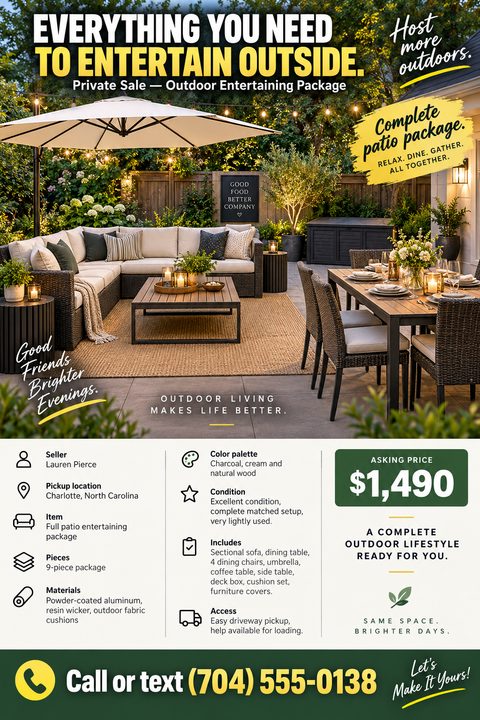 A modern private sale flyer featuring a large photo of an outdoor patio set at dusk. Below, an organized list with icons details the furniture specs, asking price, and contact information.