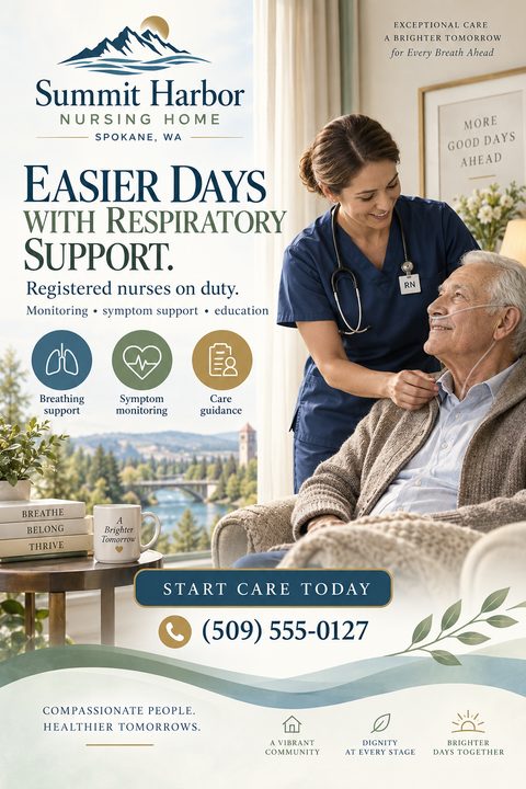 A nursing home flyer featuring a smiling nurse caring for an elderly man with an oxygen tube. They are near a window with a scenic river view. Includes service icons and a phone number.