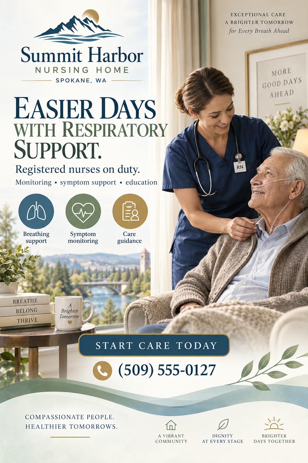 A nursing home flyer featuring a smiling nurse caring for an elderly man with an oxygen tube. They are near a window with a scenic river view. Includes service icons and a phone number.