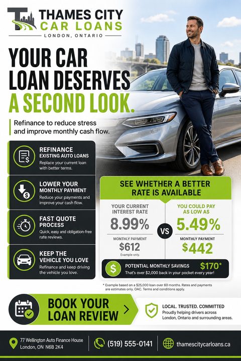 Auto loan refinance flyer featuring a man leaning against a silver car. Includes a benefits list, a rate comparison chart showing monthly savings, and a call to action to book a loan review. Colors are white, dark grey, and bright green.