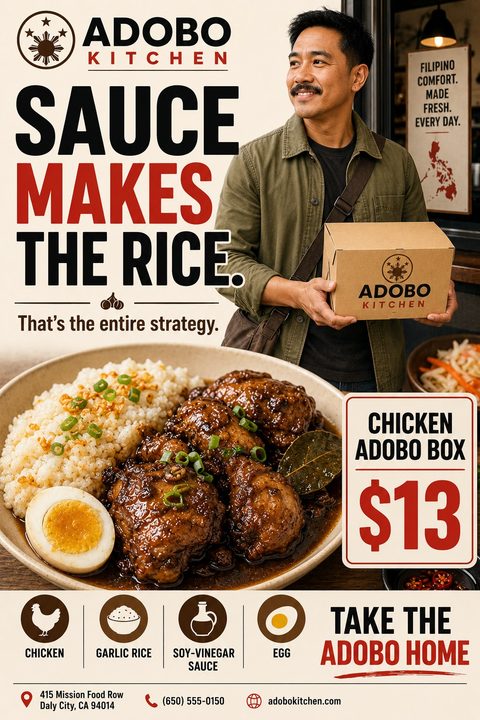 Flyer for Adobo Kitchen featuring a man holding a takeout box, a large photo of chicken adobo with rice and egg, and a $13 Chicken Adobo Box special.