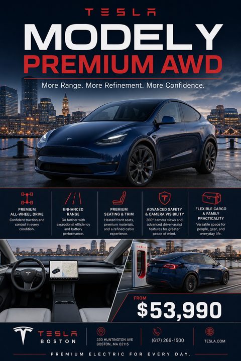 A sleek, dark-themed car sales flyer featuring a blue SUV parked by a city waterfront at twilight, with feature icons, interior shots, and pricing details below.