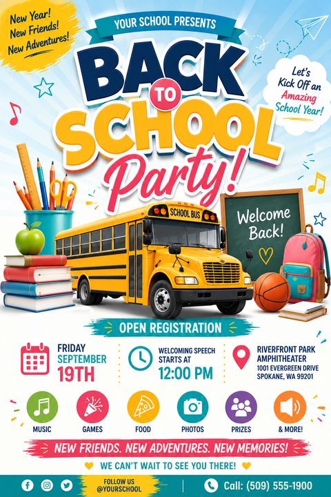 A bright and colorful flyer for a 'Back to School Party!' featuring a large yellow school bus in the center, surrounded by school supplies like books, pencils, an apple, a chalkboard, and a backpack. The background is a light blue sky with sun rays.