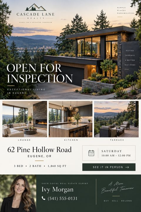 Real estate open house flyer template with a large photo of a modern home exterior at twilight, three smaller photos of the lounge, kitchen, and terrace, property details, open house time, and agent contact information.
