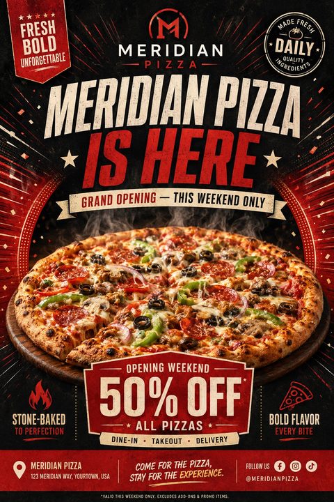 A bold, rustic pizza grand opening flyer featuring a steaming supreme pizza on a wooden board, set against a dark textured background with red sunburst graphics and distressed vintage typography.