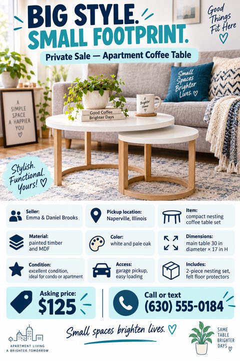 Flyer for a private sale of an apartment coffee table. Large photo of a white and wood nesting coffee table set in a living room. Below is a grid with icons detailing seller, pickup location, item, material, color, dimensions, condition, access, and.