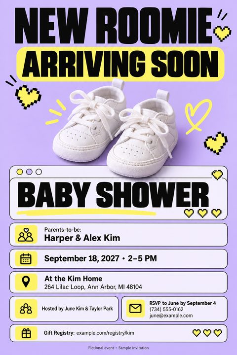 Baby shower invitation flyer with a light purple background. Bold black text reads 'NEW ROOMIE ARRIVING SOON' above a photo of white baby sneakers. Pixelated yellow hearts decorate the page. Below, a stylized browser window contains the words 'BABY.
