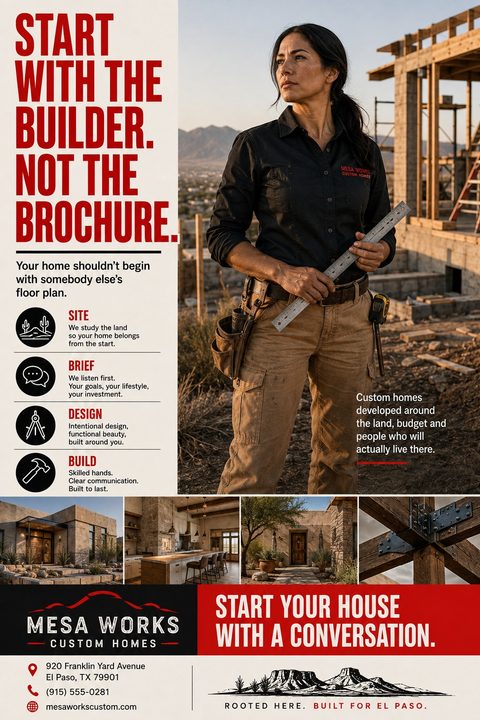 Flyer for a custom home builder featuring a large photo of a female builder on a construction site, bold red text reading 'Start with the builder. Not the brochure.', and smaller photos of completed homes.