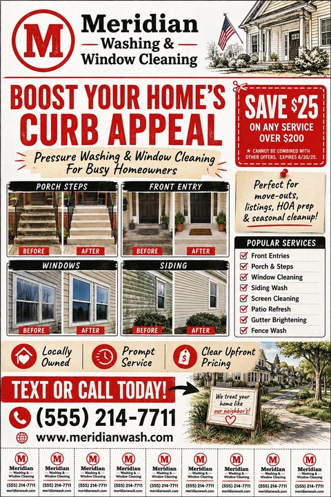 Flyer for Meridian Washing & Window Cleaning with before and after photos of porch steps, front entry, windows, and siding. Includes a $25 off coupon, list of popular services, and tear-off contact tabs at the bottom.