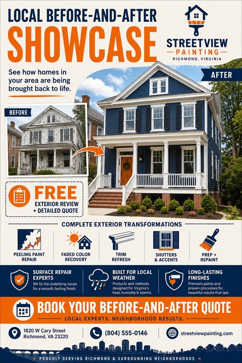 A flyer for Streetview Painting featuring a large 'After' photo of a freshly painted blue house and a smaller 'Before' photo of the same house with peeling paint. It offers a free exterior review and detailed quote, listing services like peeling.