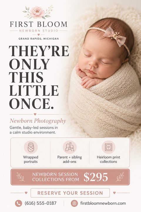 Newborn photography flyer template with a large photo of a sleeping baby wrapped in a blanket. Text reads 'They're only this little once. Newborn Photography.' Includes sections for services, pricing, and contact info.
