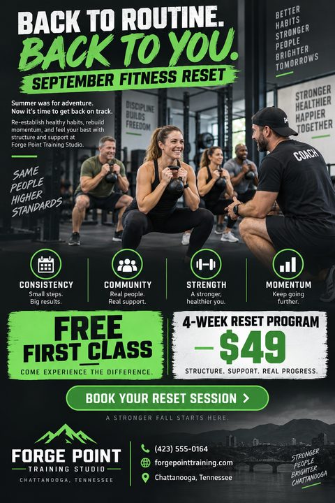 Fitness reset flyer template with bold green and white text, a photo of a group fitness class doing kettlebell squats, and sections for program details, pricing, and contact information.
