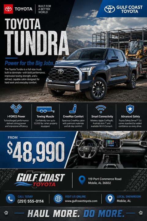 A car dealership flyer promoting a truck. It features a large photo of a blue truck on a construction site, a smaller interior photo, key features with icons, a large price, and dealership contact information.