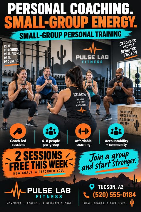A fitness flyer featuring a large photo of a coach leading a small group in kettlebell squats. Bold white and orange text highlights 'Small-Group Personal Training' with teal and orange accent brushstrokes.