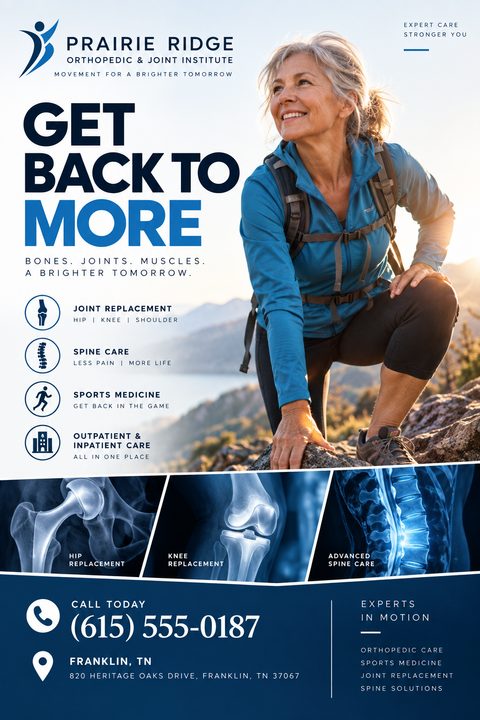 Flyer for an orthopedic clinic featuring a smiling older woman hiking in the mountains and three x-ray images of a hip, knee, and spine.
