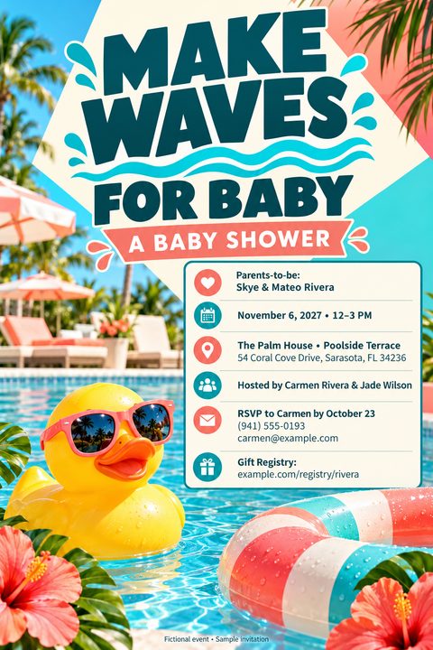 A baby shower invitation flyer featuring a yellow rubber duck wearing pink sunglasses floating in a bright blue swimming pool, surrounded by tropical hibiscus flowers and a striped pool ring.