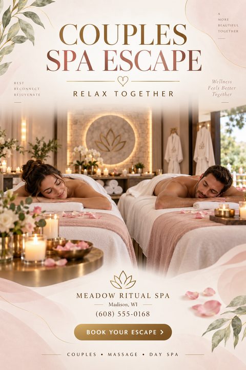 A flyer for a Couples Spa Escape featuring a photo of a man and woman relaxing on massage tables in a candlelit spa setting. The text reads 'Couples Spa Escape, Relax Together' with contact information for Meadow Ritual Spa.