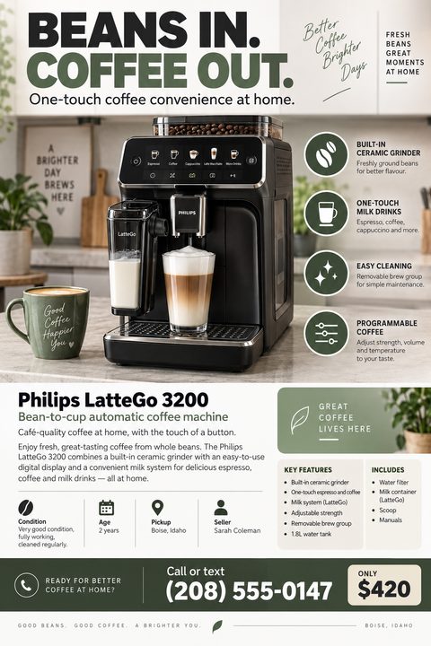 A flyer advertising a Philips LatteGo 3200 coffee machine for sale. It features a large photo of the machine making a latte, with callouts for its features like a built-in grinder and one-touch milk drinks. Below, there are details about its.