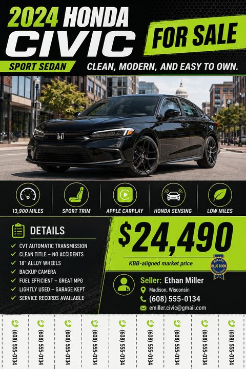 Car for sale flyer with a large photo of a black sedan, neon green accents, feature icons, price, seller details, and tear-off phone number tabs at the bottom.