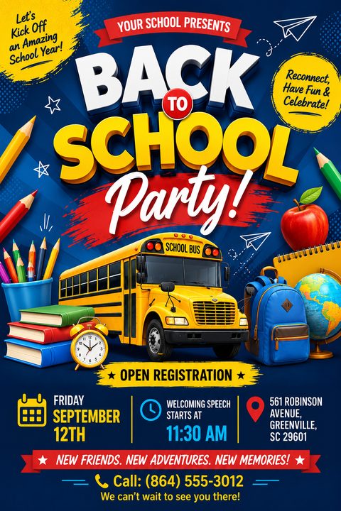 Flyer for a Back to School Party featuring a 3D illustration of a yellow school bus, books, an apple, a globe, and a backpack on a dark blue background with bold 3D text.