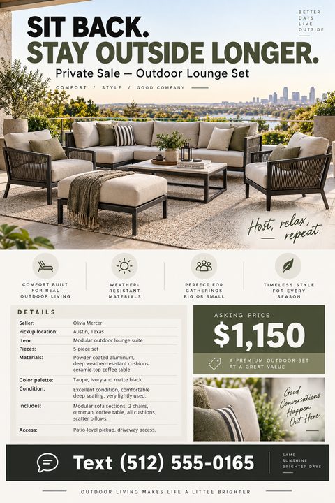 Flyer for a private sale of an outdoor lounge set. Features a large photo of a patio set overlooking a city, icons highlighting features, a detailed list of specifications, the asking price of $1,150, and a text number for contact.