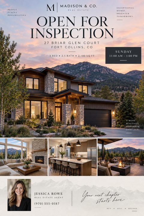 Real estate open house flyer template featuring a large photo of a modern mountain home at sunset, three smaller photos showing the living room, kitchen, and patio, and a section for agent contact information at the bottom.