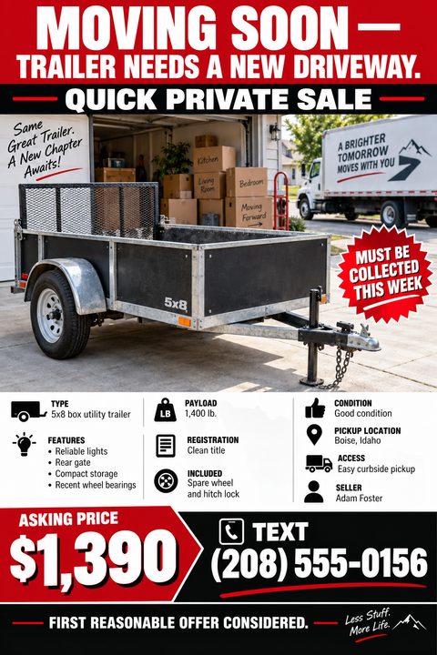 Flyer for a private sale of a 5x8 utility trailer. Bold red header says 'Moving Soon - Trailer Needs A New Driveway. Quick Private Sale'. Features a large photo of the trailer in front of a garage with moving boxes. Below are icons detailing specs.