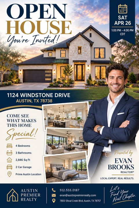 Real estate open house flyer template with a large photo of a modern house at sunset, three smaller interior photos, a realtor portrait, and property details in navy and gold.