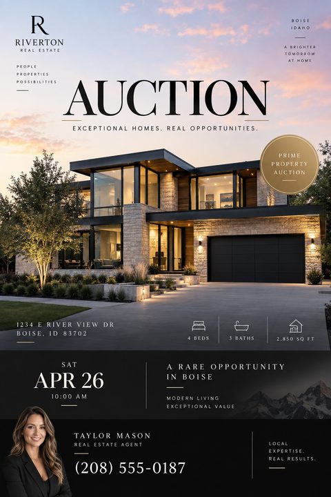 Real estate auction flyer template featuring a large photo of a modern, luxury home at twilight. The word 'AUCTION' is prominent at the top. Below the photo are property details, auction date and time, and a real estate agent's headshot and contact.