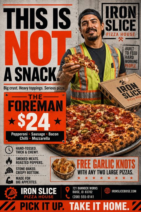 A pizza flyer with a concrete background. A construction worker in a high-vis vest holds a slice of pizza and a pizza box. Large text reads 'THIS IS NOT A SNACK.' Below is a large pizza and a special offer for 'THE FOREMAN' pizza for $24. Another.
