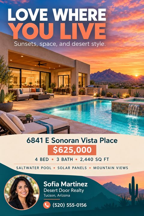 A real estate flyer featuring a large photo of a desert home with a pool at sunset. Below, property details are on a cream background, with agent info in a wavy teal section.