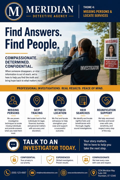 Flyer for Meridian Detective Agency offering missing persons and locate services. Features a photo of an investigator looking through binoculars towards a city skyline, with a missing person poster nearby. Includes icons for missing persons, skip.