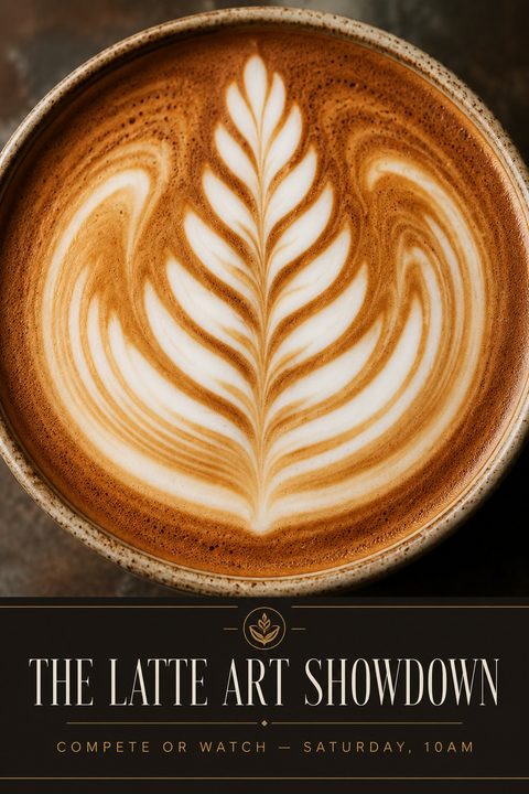 Flyer for a Latte Art Showdown featuring a large, detailed top-down photo of a latte with a complex leaf pattern in the foam. Below is a dark brown panel with elegant white and gold text.