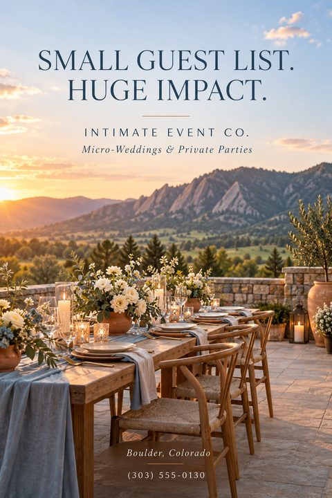 A beautifully set rustic wooden dining table with floral centerpieces and candles sits outdoors at sunset, with a stunning mountain range in the background. Text promotes intimate events and micro-weddings.