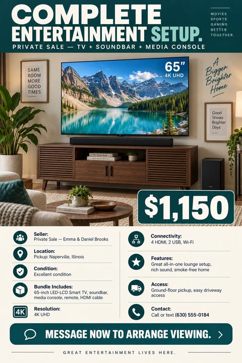 Flyer for a private sale of a complete entertainment setup including a TV, soundbar, and media console. Features a large photo of the setup, a prominent price of $1,150, and detailed specifications.