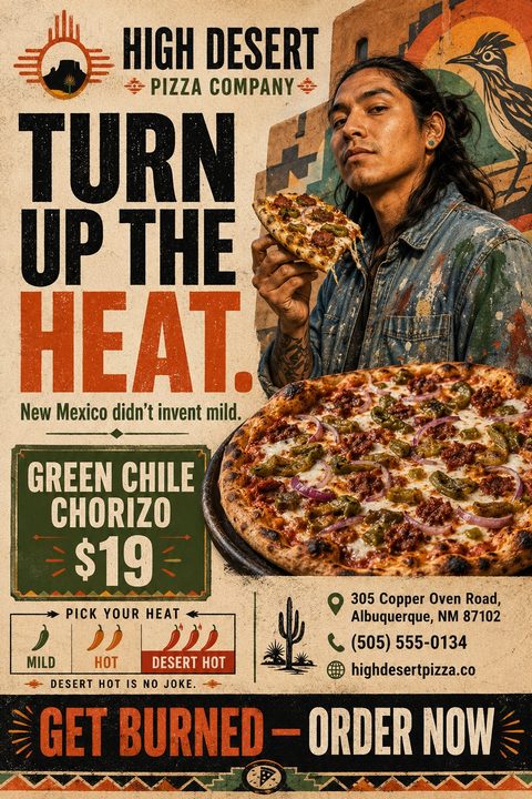 Rustic flyer for High Desert Pizza Company featuring a man holding a slice of pizza, a large pizza with green chile and chorizo, and a 'Pick Your Heat' scale.