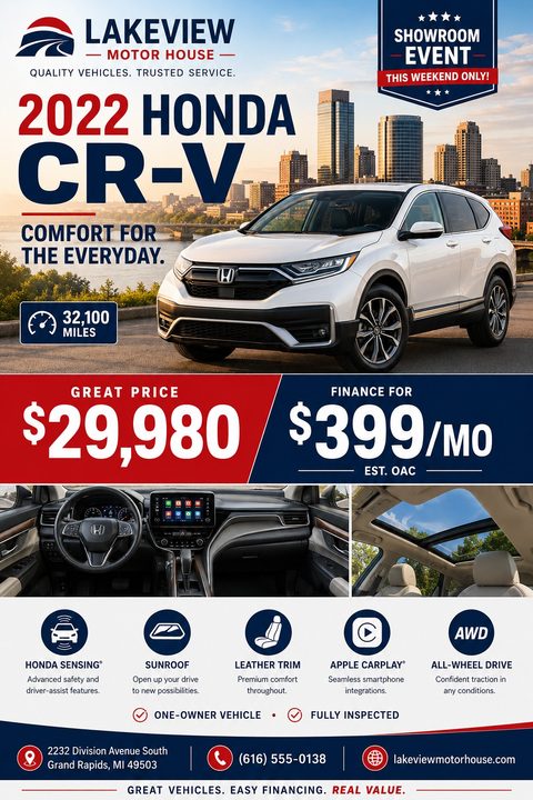 Car dealership flyer template featuring a white SUV parked near a city skyline, with interior detail photos, large red and navy price blocks, and feature icons.