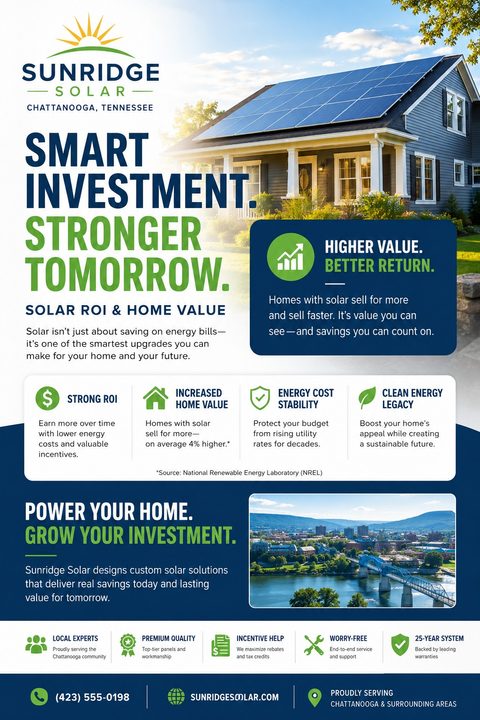 A flyer for a solar company titled 'Smart Investment. Stronger Tomorrow.' featuring a house with solar panels, a city skyline, and icons highlighting benefits like strong ROI, increased home value, and energy cost stability.