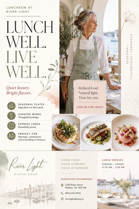 Elegant flyer for a restaurant lunch service featuring photos of a chef, plated gourmet dishes, and a waterfront dining setting, with text highlighting seasonal plates and curated wines.