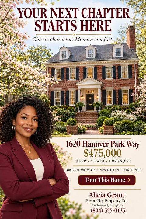 A real estate listing flyer featuring a large photo of a classic brick home, an agent portrait in a burgundy suit, and elegant burgundy and gold text on a cream background.