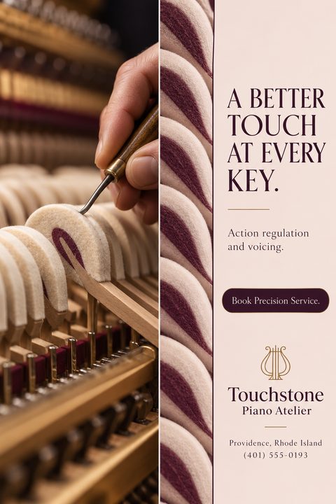 Flyer template for a piano tuning service. The left side shows a close-up photo of a hand using a tool on the felt hammers inside a piano. The right side has a light beige background with dark purple text reading 'A BETTER TOUCH AT EVERY KEY. Action.