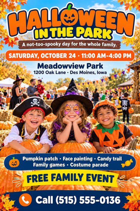A bright Halloween event flyer featuring a photo of three smiling children in pirate, witch, and pumpkin costumes leaning on pumpkins. The design uses bold orange, blue, and yellow text with autumn leaves.