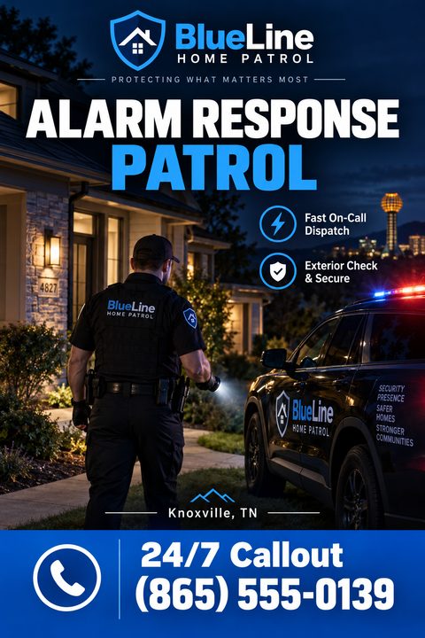 Flyer for BlueLine Home Patrol advertising Alarm Response Patrol. Shows a security guard with a flashlight standing next to a patrol car at night in front of a house. Text highlights Fast On-Call Dispatch and Exterior Check & Secure, with a 24/7.