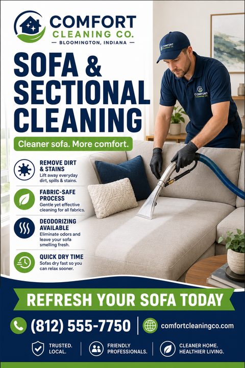 Flyer for Comfort Cleaning Co. advertising Sofa & Sectional Cleaning. Features a photo of a man using an upholstery cleaning machine on a light-colored sofa. Lists benefits like removing dirt, fabric-safe process, deodorizing, and quick dry time.