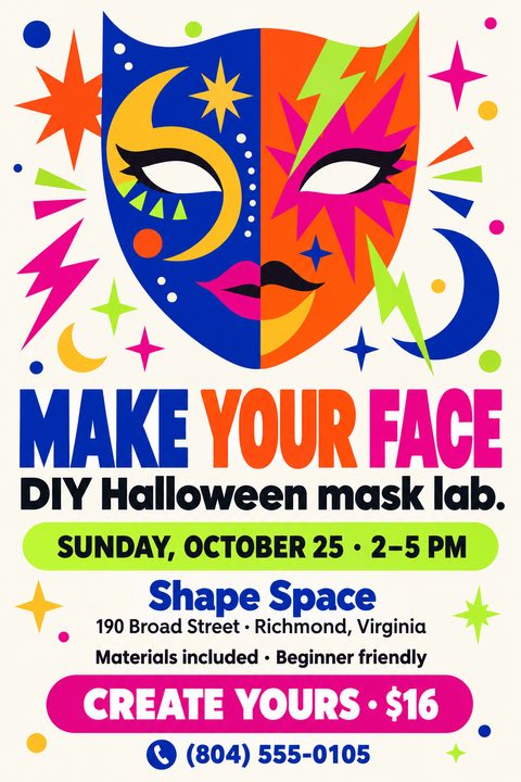 A vibrant pop-art style flyer featuring a colorful split-face mask graphic surrounded by stars and lightning bolts, with bold text advertising a DIY Halloween mask lab.