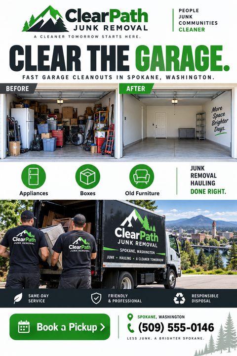A junk removal flyer featuring a before-and-after photo of a cluttered then clean garage. Below are icons for appliances, boxes, and furniture, plus a photo of workers loading a branded truck.