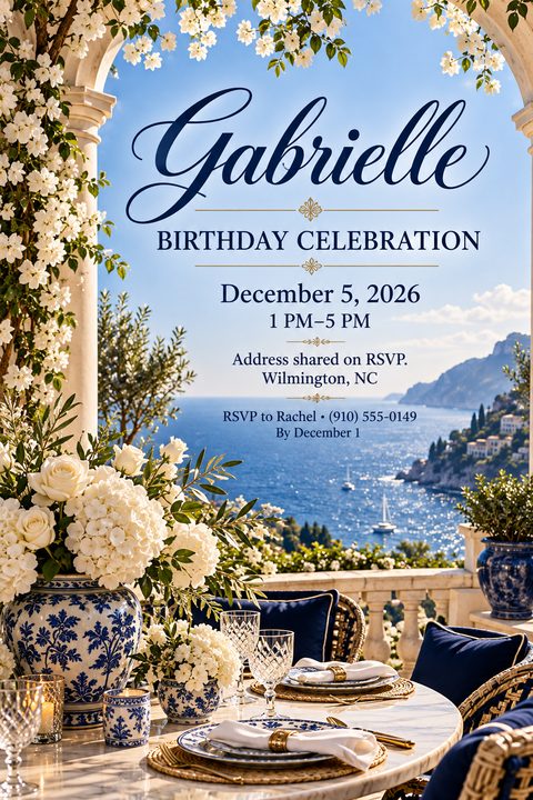 A birthday party invitation flyer featuring an elegant outdoor table setting with white flowers in blue and white vases, overlooking a stunning coastal ocean view under a clear blue sky.