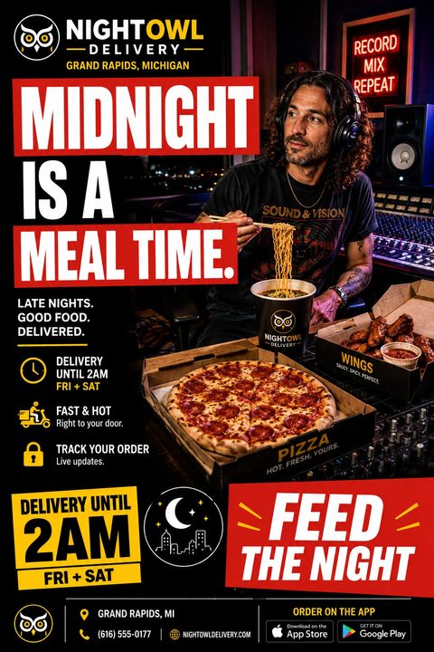 Flyer for Nightowl Delivery with a man in a recording studio eating noodles, pizza, and wings. Text reads 'Midnight is a meal time. Late nights. Good food. Delivered.' and 'Delivery until 2am Fri + Sat'.